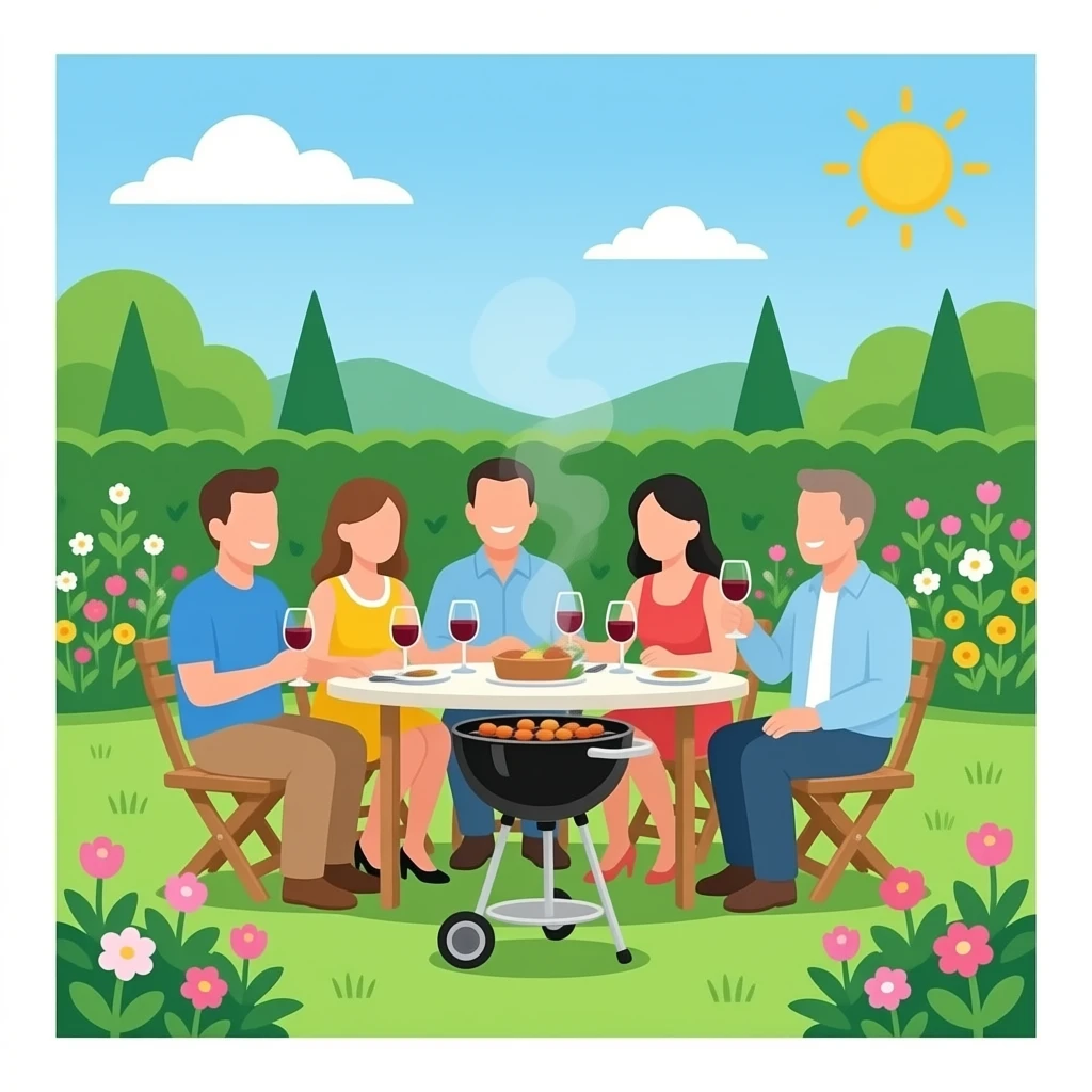 Barbeque with 6 Guests in green garden with wine emoji