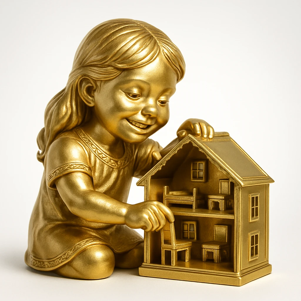 smiling girl arranging furniture in doll house emoji