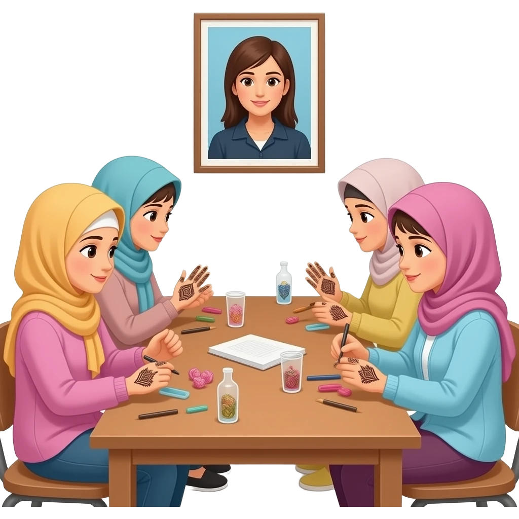 background room girl sitting and doing handcraf mehndi hijabis not too colorful many girls in a room with background more cartoonic improve. no colorful hijab mehndi on hands not on paper add a table emoji