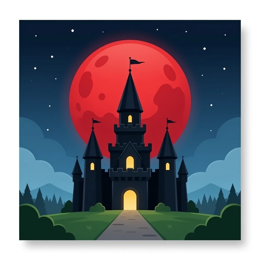 Black castle with red and red moon emoji