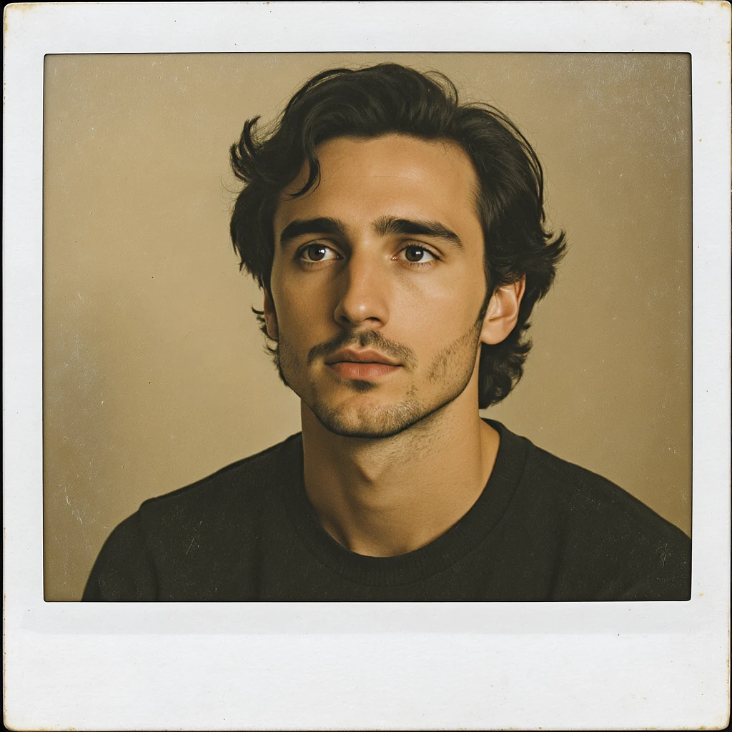 portrait illustration of Timothée Chalamet, the actor, with wavy hair and a thoughtful expression, warm tones, classic instant photo border emoji