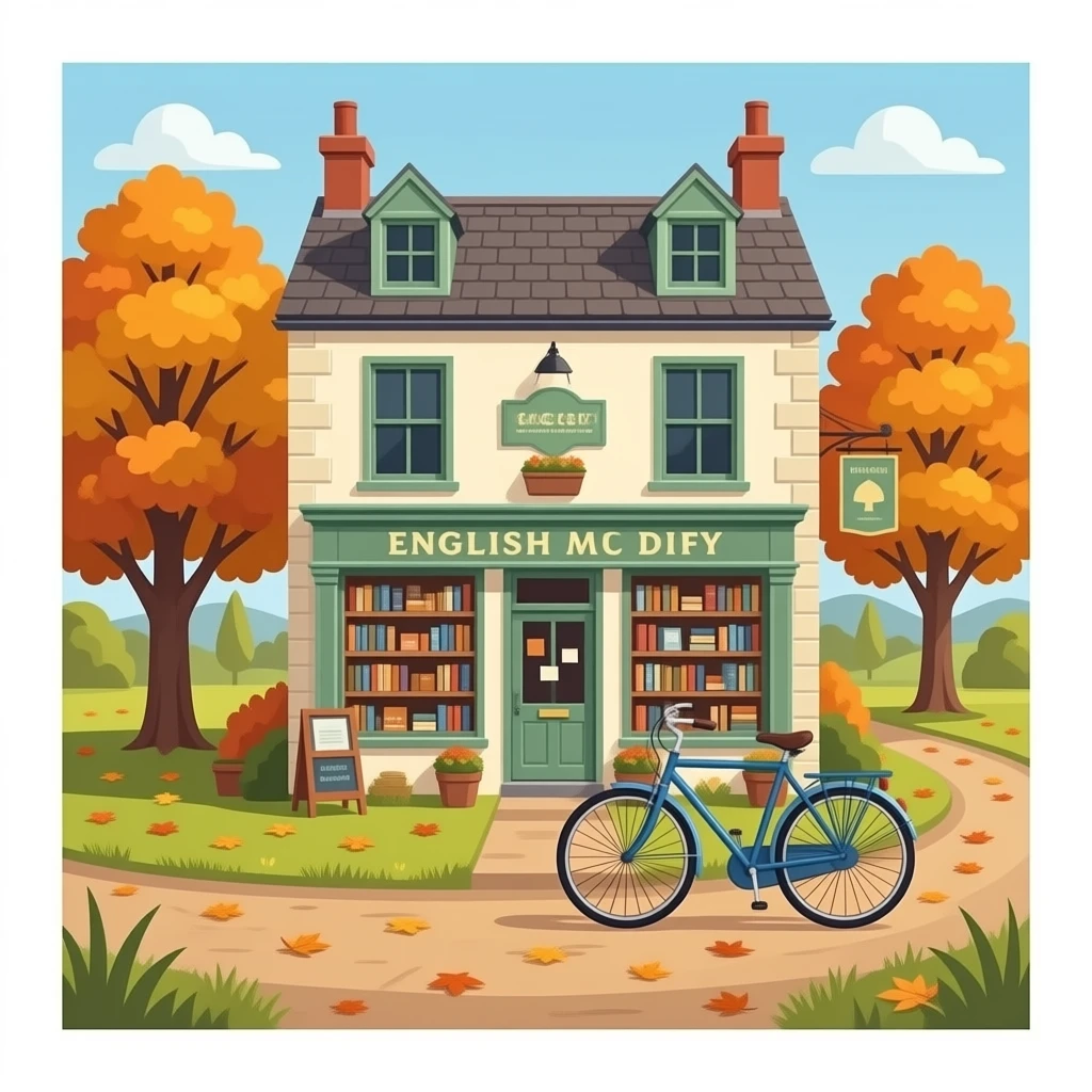book store cozy в англйиском стиле осень вид снаружи только дом и дорога с велосипедом и листьями без фона пнг emoji