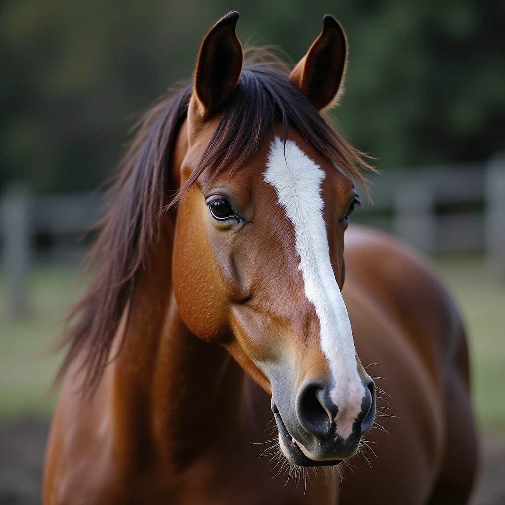 brown horse with chocolate mane and a long white stripe on its muzzle, realistic style emoji