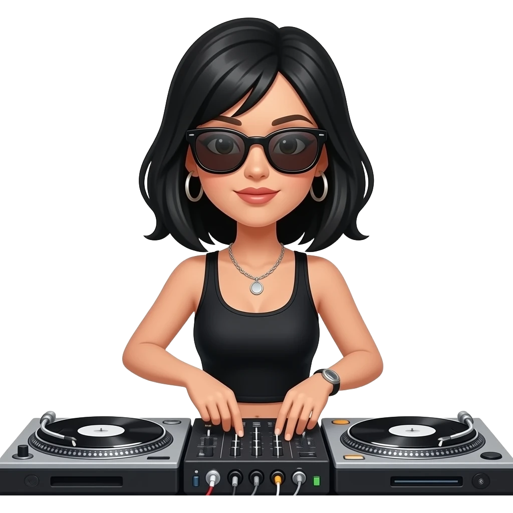 선글라스를 끼고 디제잉을 하는 어깨까지 오는 기장의 검은머리를 한 힙한 스타일의 여자 emoji