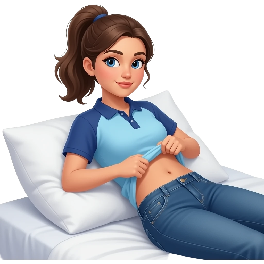 Hispanic girl with brown ponytail and blue eyes light blue and dark blue polo and dark blue baggy jeans and belly button laying down on her pillow on her bed lifting her shirt belly grabbing emoji