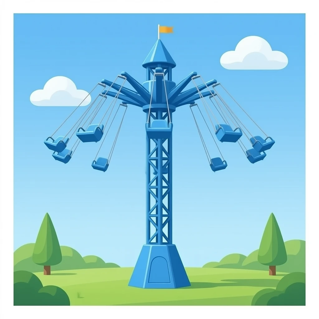 blue colored vertical drop tower ride, empty single row of 5 seats ...