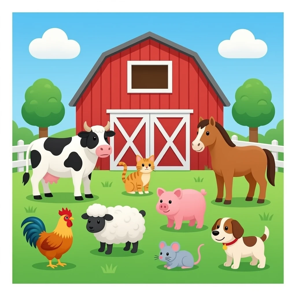 A barn with a background with, with a chicken, a cow, an ox, a horse, a ...