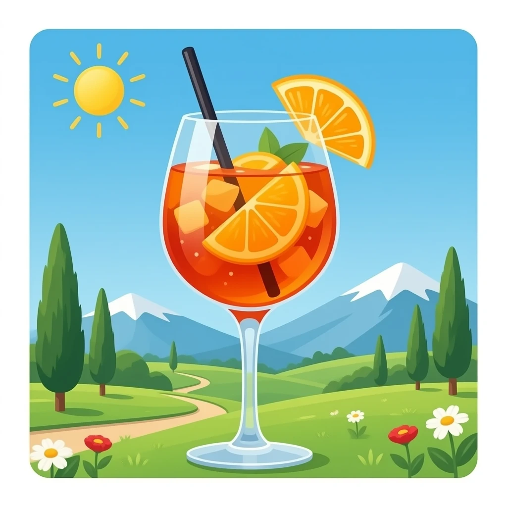 Aperol spritz in a stemmed glass with orange garnish and Italian background emoji