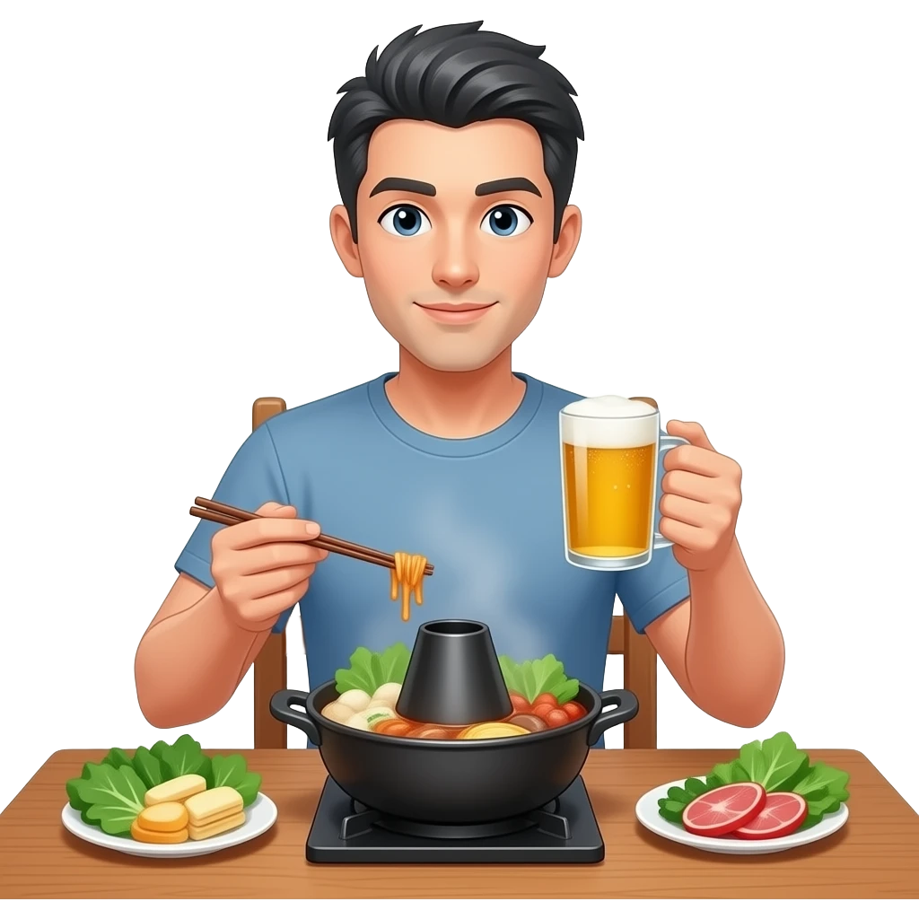 tall skinny guy having hot pot and drinking beer, short dark grey hair emoji