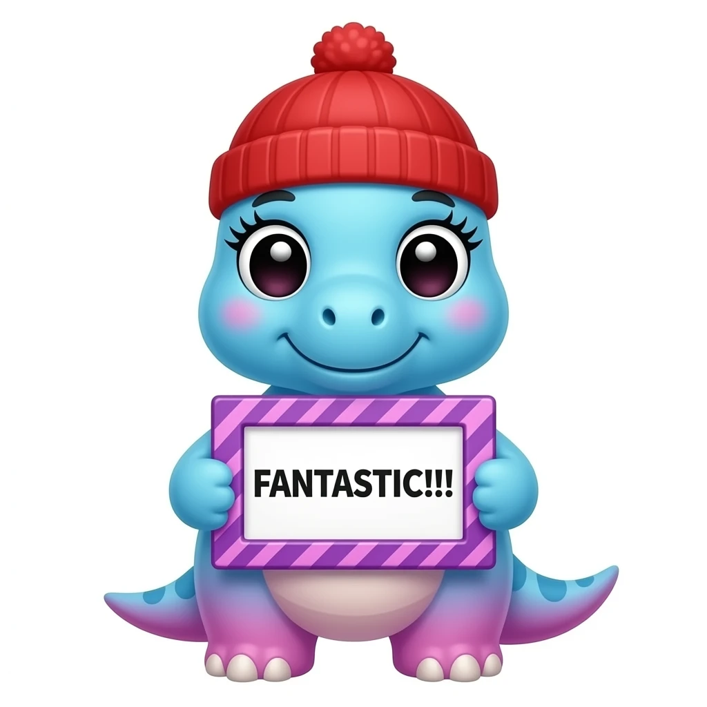 Create a super cute kawaii blue and pink gradient Animal which Looks Like a Brachiosaurus facing front with big eyes and long eyelashes and with a red winter hat holding a colorful purple zig zag frame sign with in front of its chest that says in a funny black font "FANTASTIC!!!"  Add a white border emoji