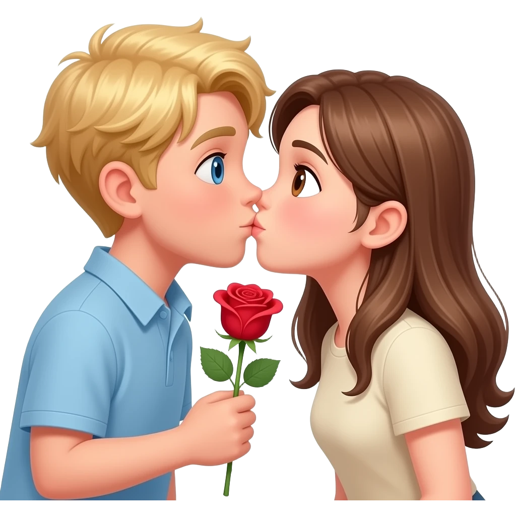 A blonde hair blue eyed boy giving a light brown haired girl with Hazel eyes Roses Kiss emoji