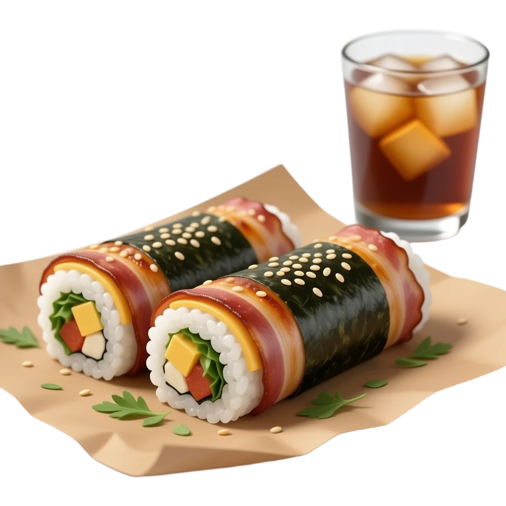 Ultra-realistic grilled bacon-wrapped rice rolls with nori, cheese, and ...