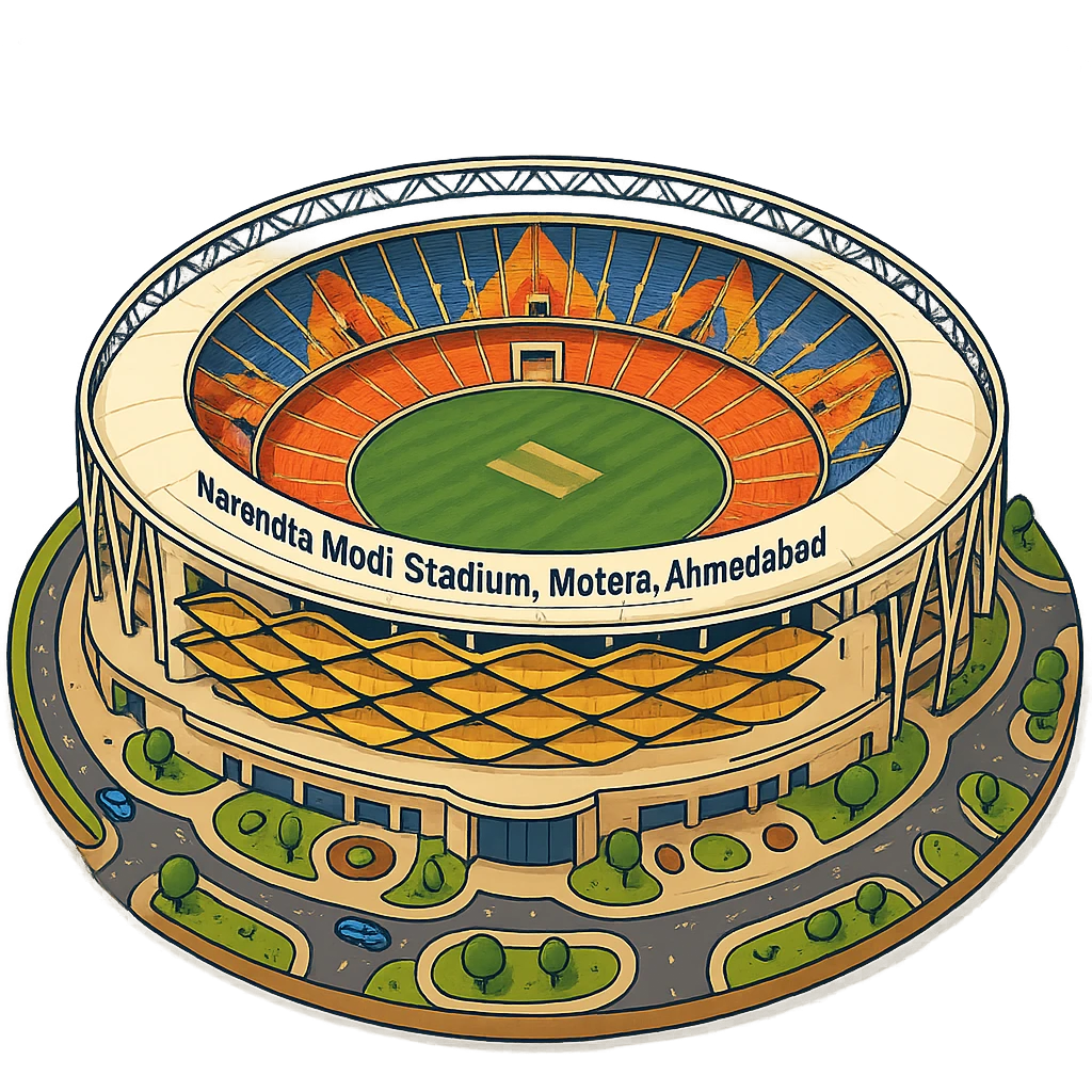 Изометричная, яркая, детализированная иллюстрация стадиона Narendra Modi Stadium в стиле 3D-коллажей городов, насыщенные цвета, аккуратные линии, мультяшно-реалистичная стилистика. Чёткие контуры, прозрачный фон, высокое качество. emoji