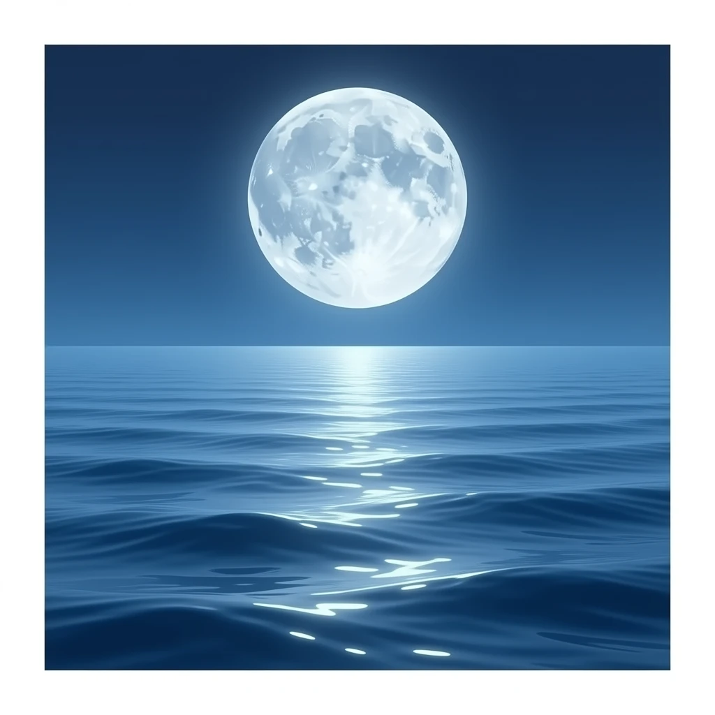 A serene ocean at night with a glowing full moon reflected on the calm water surface, moonlight shimmering across gentle waves, deep blue and silver tones, ethereal and peaceful atmosphere, emoji-style illustration, vibrant colors, bold outlines, minimalist design emoji