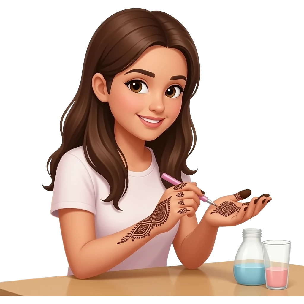 background room girl sitting and doing handcraf mehndi emoji