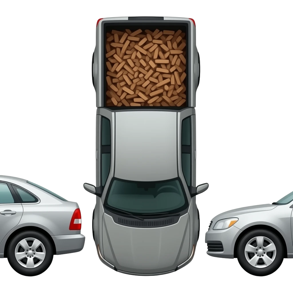 Gray F150 with full of bark chips in the back upside down in between two other cars emoji