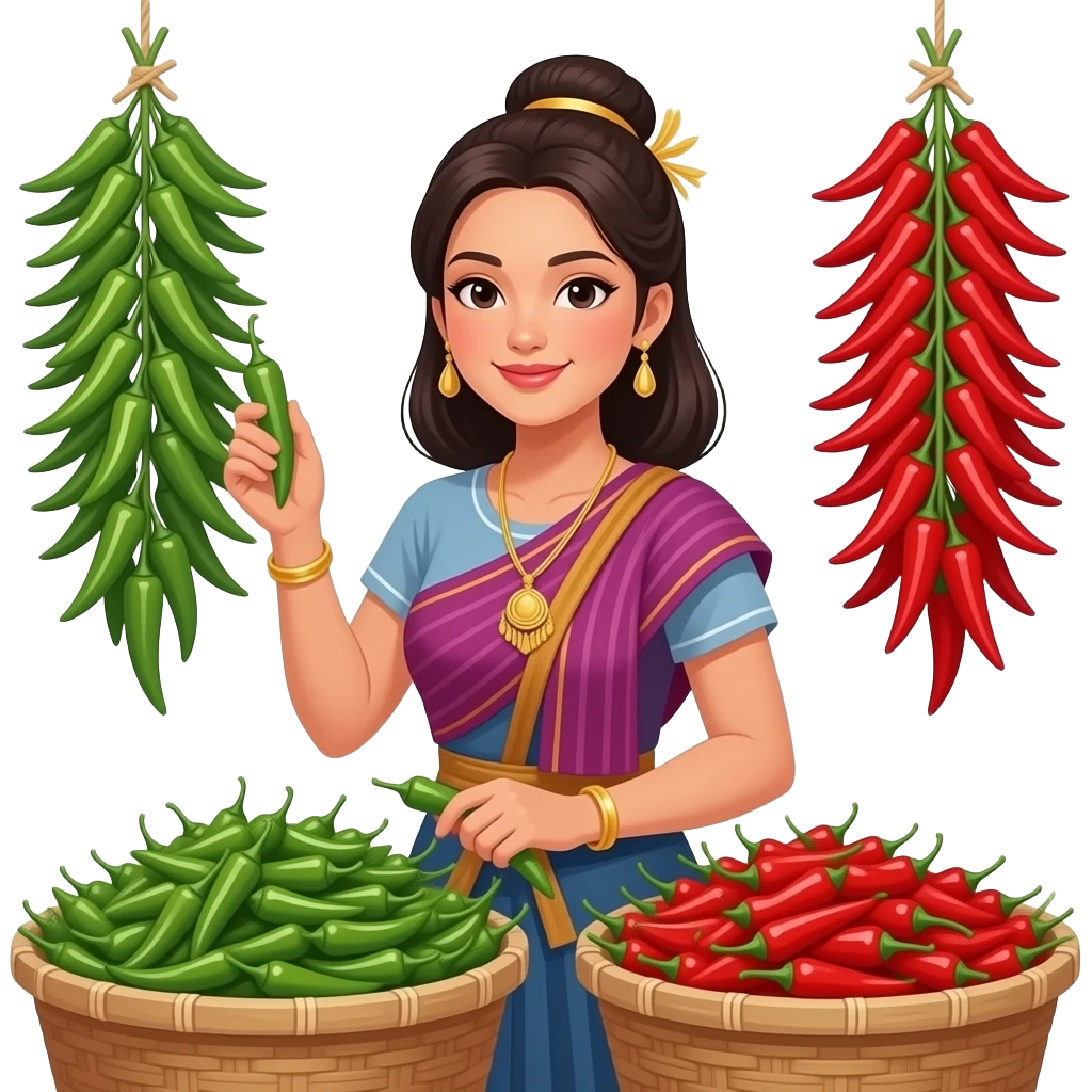 A sexy Thai beautiful woman is selling green and red Thai chili peppers at the market emoji