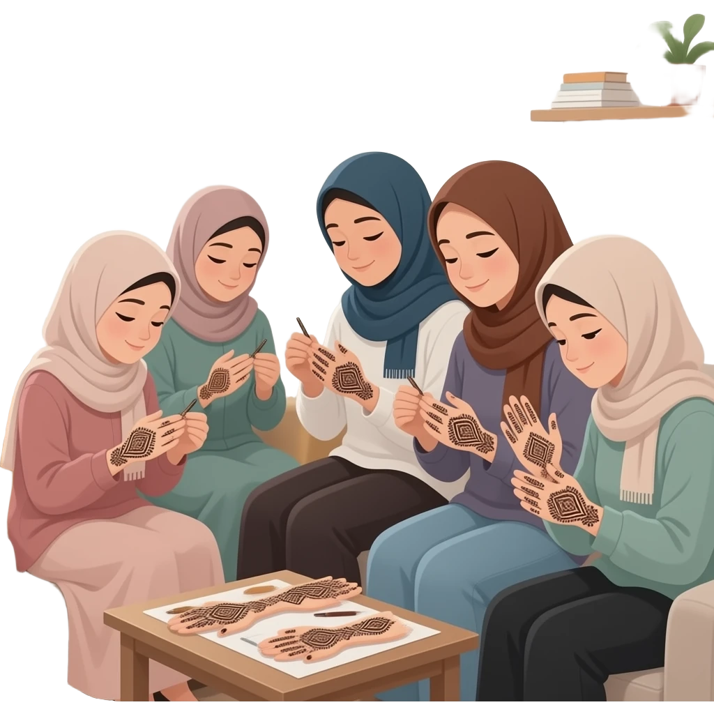 background room girl sitting and doing handcraf mehndi hijabis not too colorful many girls in a room emoji
