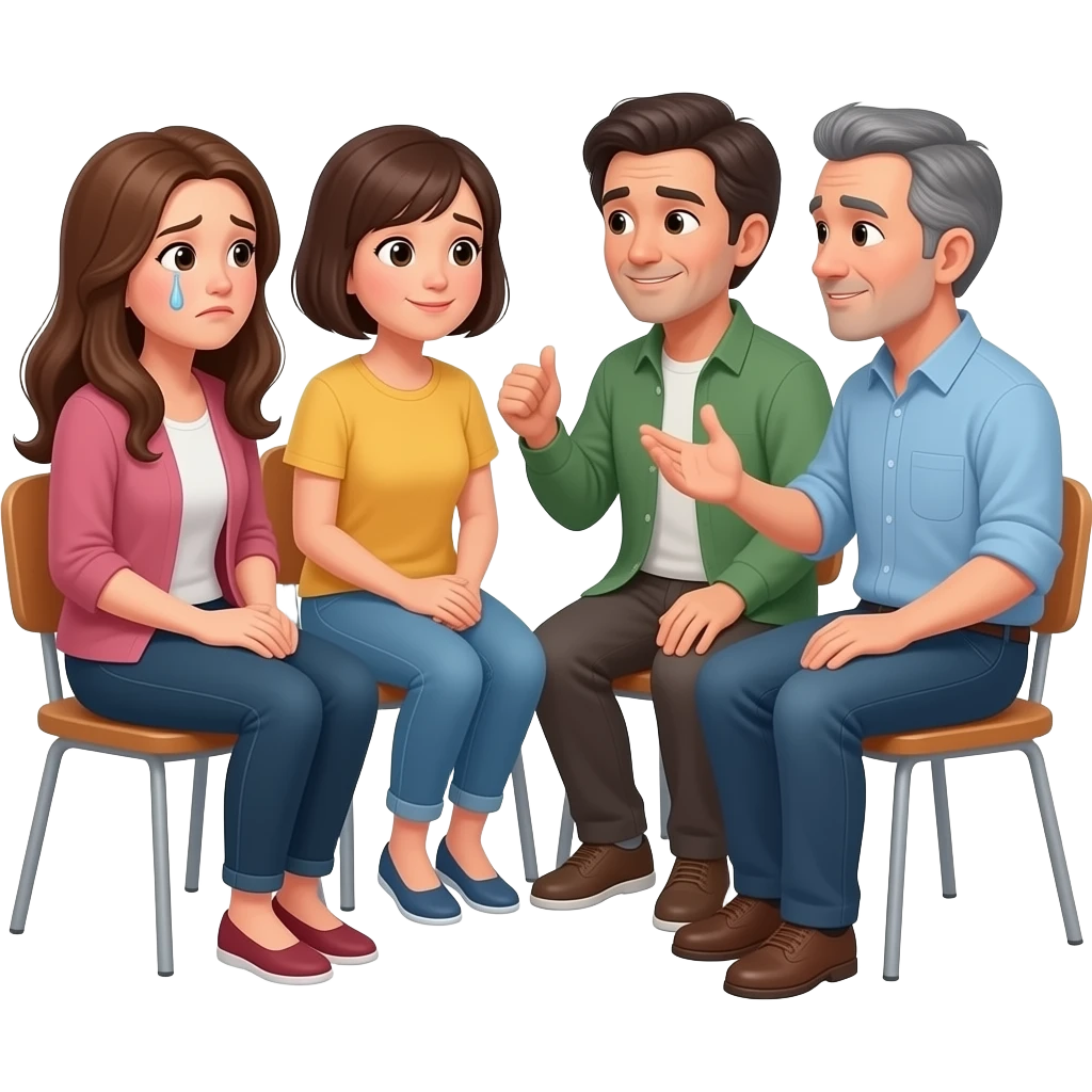 mujer de pelo largo cara preocupada, mujer de pelo corto con actitud positiva, hombre de pelo melena con actitud positiva, hombre con gesto amable; de 40 a 60 años; responsables de adolescentes, conversando en ronda, sentados. DISTINTA VESTIMENTA, CLASE SOCIAL Y RASGOS FISICOS emoji