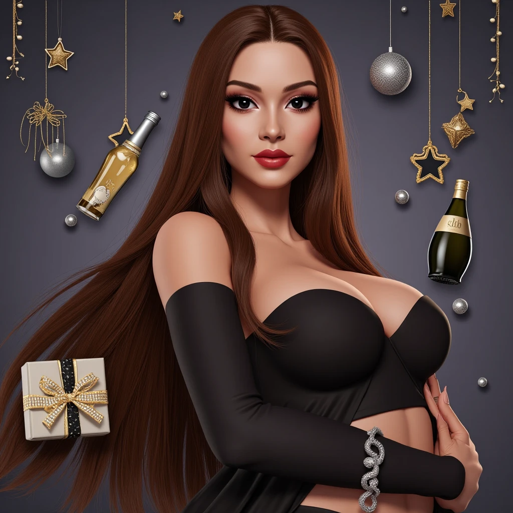 Art of nude woman's very sexy body scheme anatomy-bare shoulders and black eyes-very long straight brunette hair spreading legs and showing her pussy in seductive pose. New year elements: champagne gift emoji