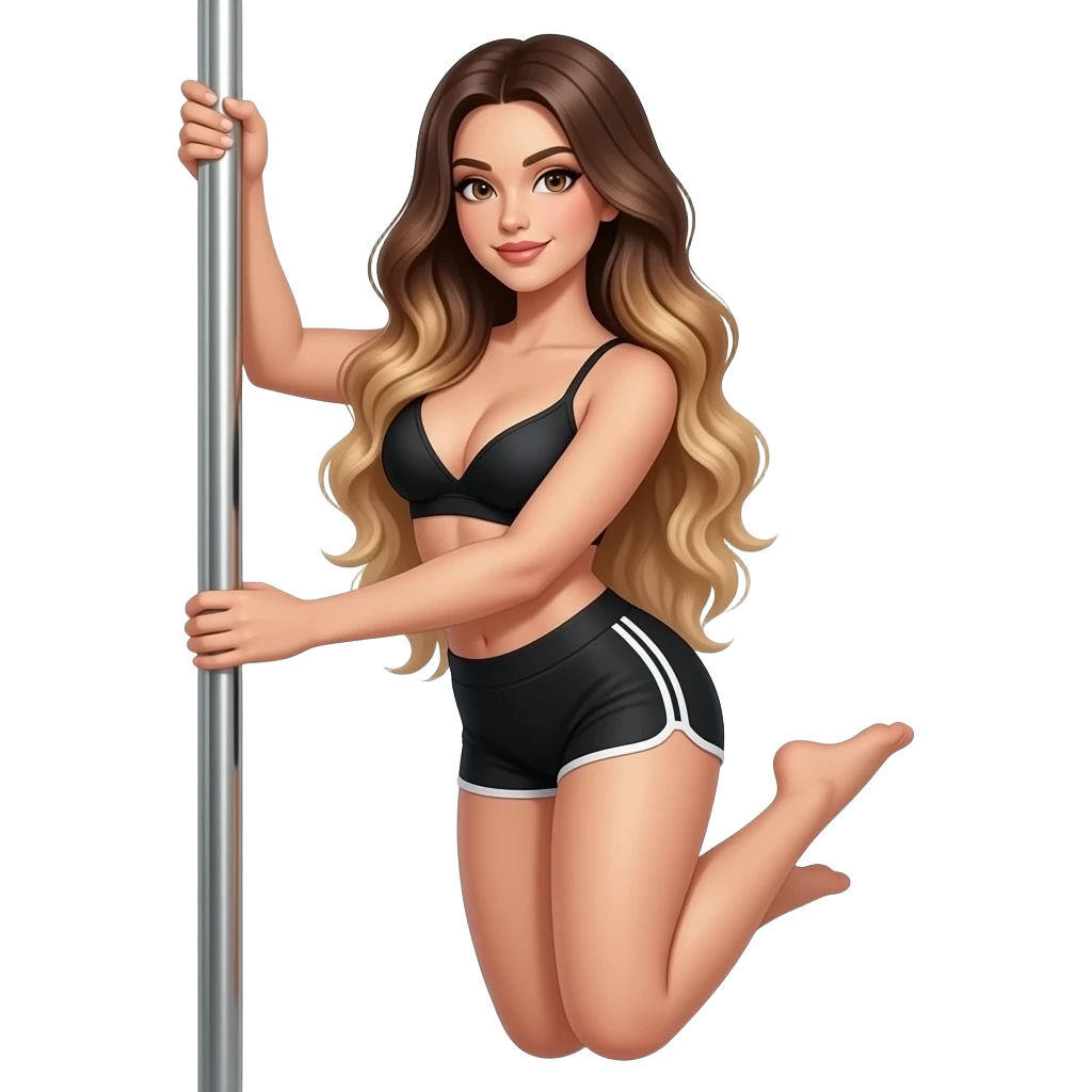 Brunette balayage hair in black workout shorts and bra, curvy body slim waist, pole dancing emoji