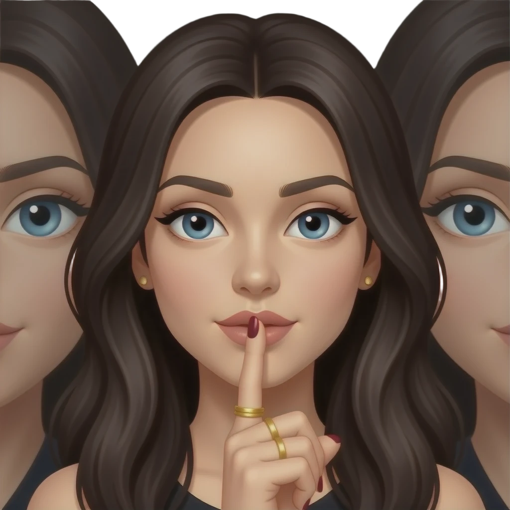 Luxury 3D art, beautiful female face framed by long dark hair, featuring prominent, clear blue eyes. An index finger is pressed vertically to the center of the lips in a shh gesture. Dark burgundy nails, gold rings, black background. emoji