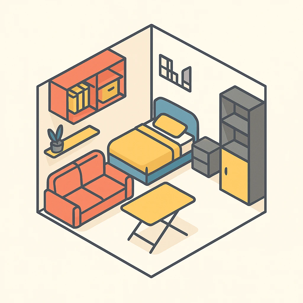 apartment interior isometric, compact studio, functional furniture, urban vibe emoji