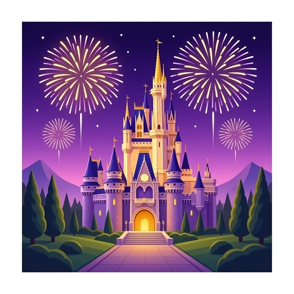 magical castle kingdom with fireworks, flat design, purple/gold palette, rounded corners emoji