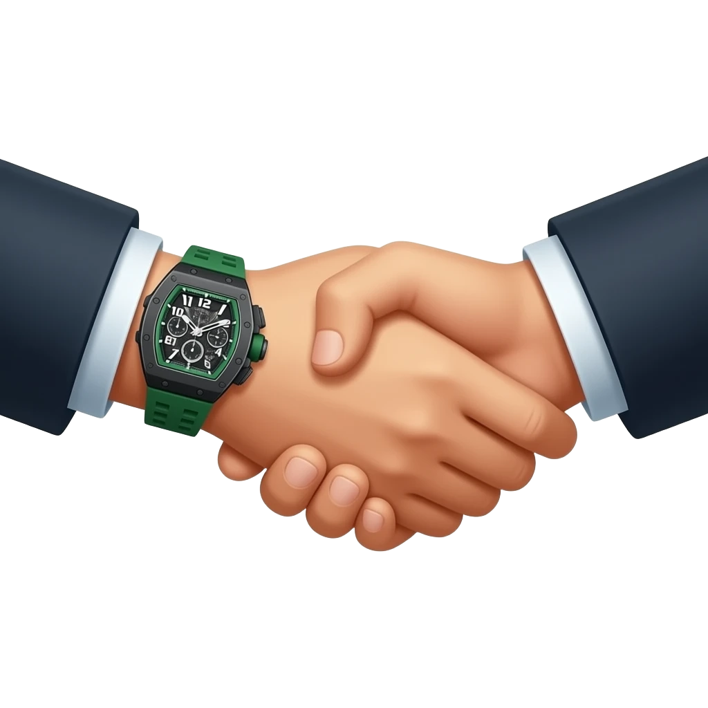create me hand shake where one of two hands have green richard mille watch on hand, and this hand with watch is on left side, both hands have suit on. isolated and centered with padding on both sides to avoid cropping emoji