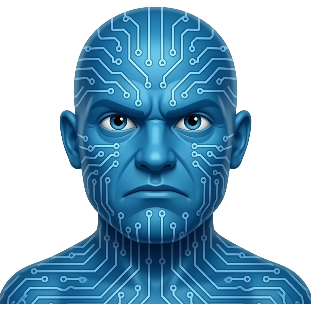 The image features a stylized prehistoric and frowning portrait of Blaze Bayley with blue skin covered in computer circuitry. emoji