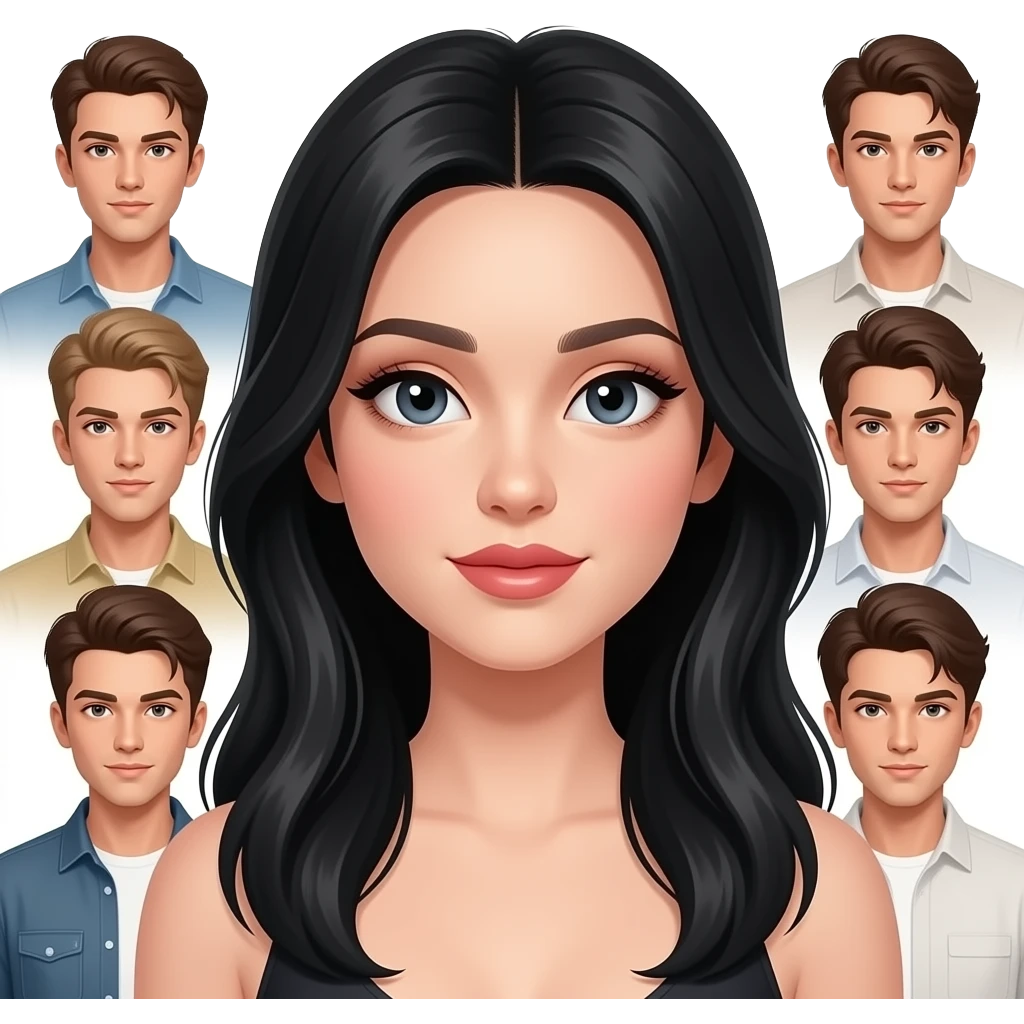 A very beautiful girl with black hair and wears make up and all the handsome boys surrounding her emoji
