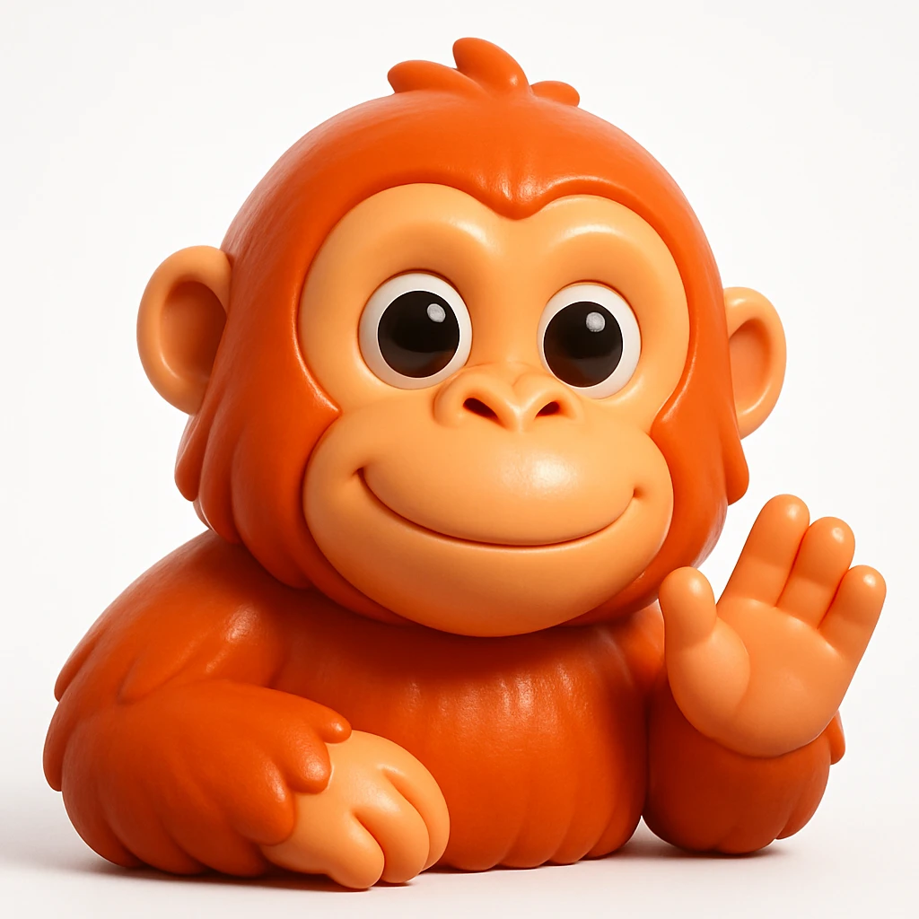 3D rendered emoji-style illustration, glossy plastic-like materials, soft ambient occlusion, rounded forms, high-detail textures, clean white background, Apple emoji aesthetic, subsurface scattering on skin, vibrant saturated colors, cute proportions with large expressive eyes, studio lighting with soft shadows, orangoutang  emoji