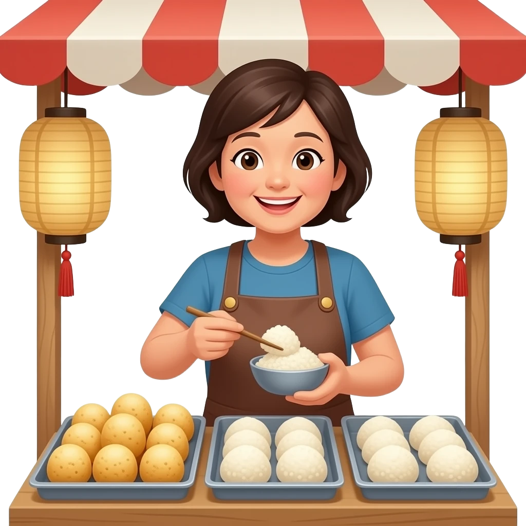 전통시장에서 떡을 판매하는 밝고 친근한 중년 여성 상인 캐릭터 emoji