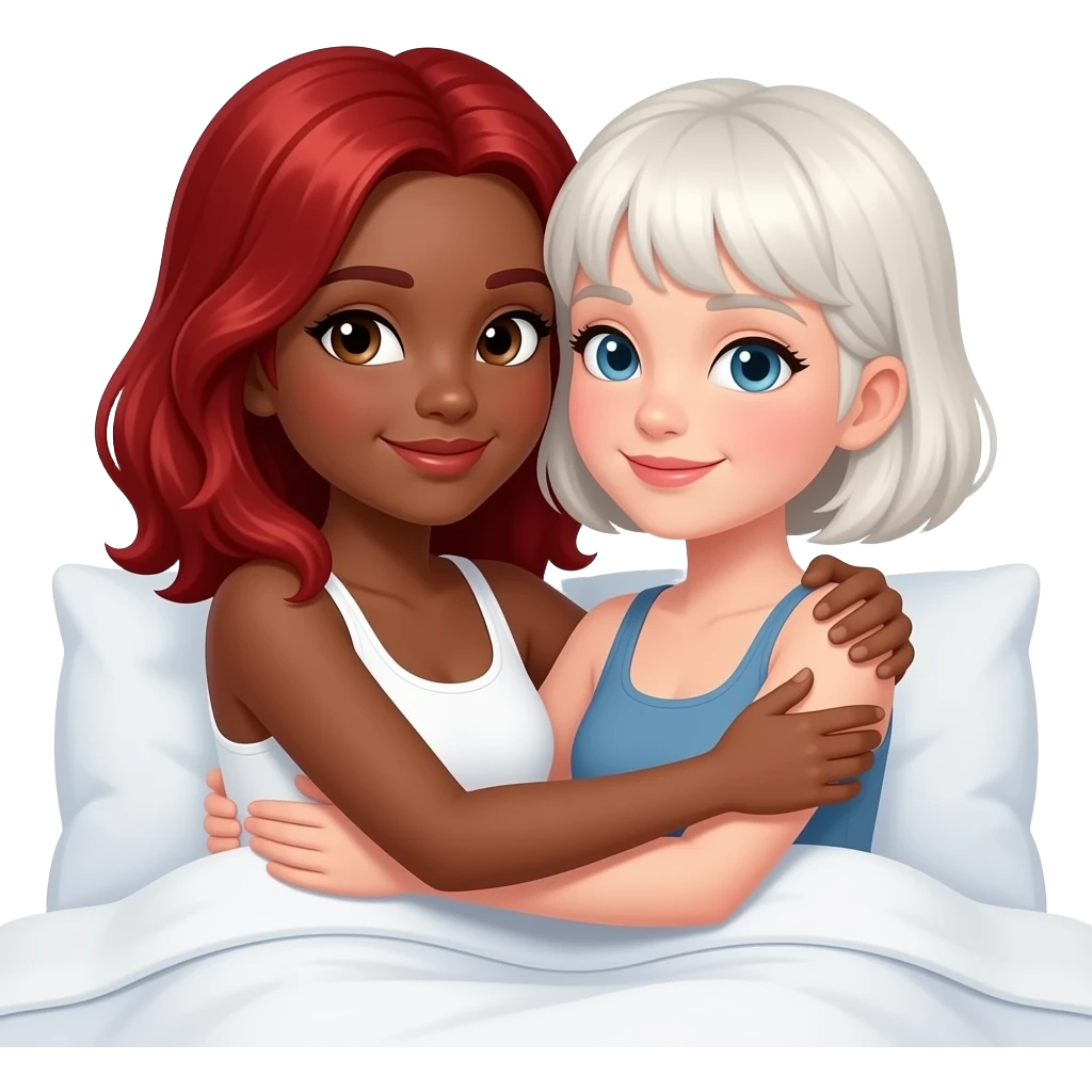 1 red head black girl + 1 white short hair girl love in bed emoji