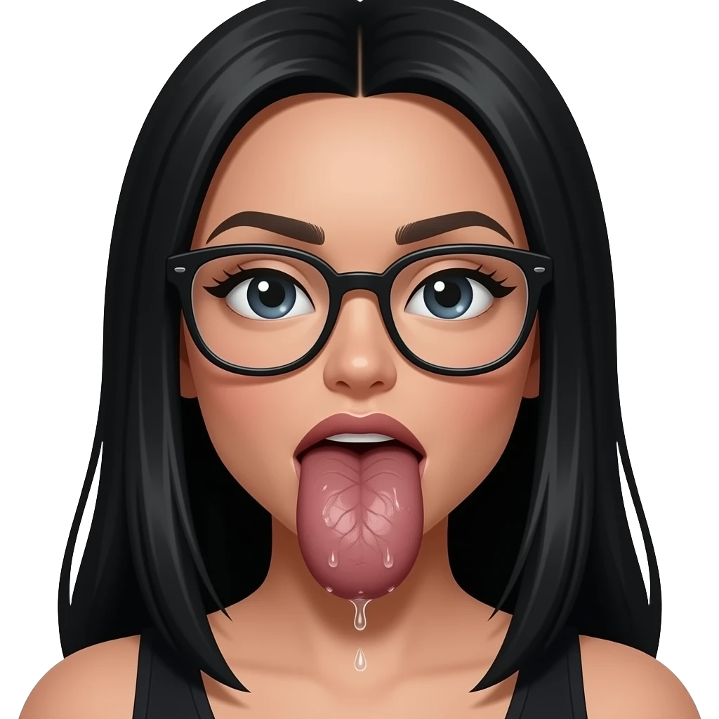 Pretty Black long hair, black Female wearing glasses ,chocking on big dark brown penis with veins , with black hair at the base of penis. mouth drooling watering alot, and spit dripping around mouth. emoji