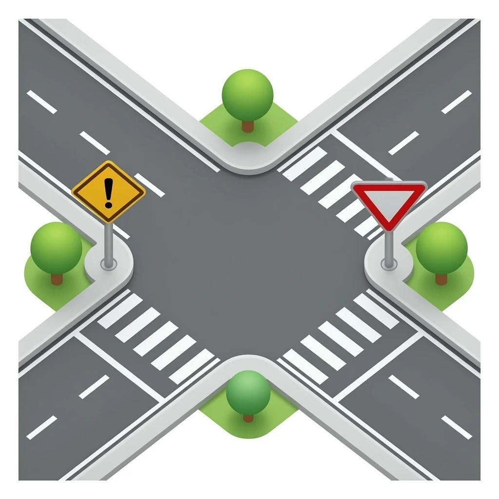 3D cartoon emoji style top-down view of a road intersection,  main road going straight horizontally with priority road sign  (yellow diamond), secondary road joining from the side with  give way sign, clear road markings, miniature isometric style,  glossy 3D render, white background emoji