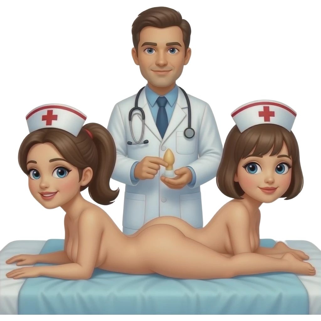 2 big breasted completely naked nurses, one with a ponytail, laying doggy style on a bed, a male doctor standing behind them with a dildo emoji
