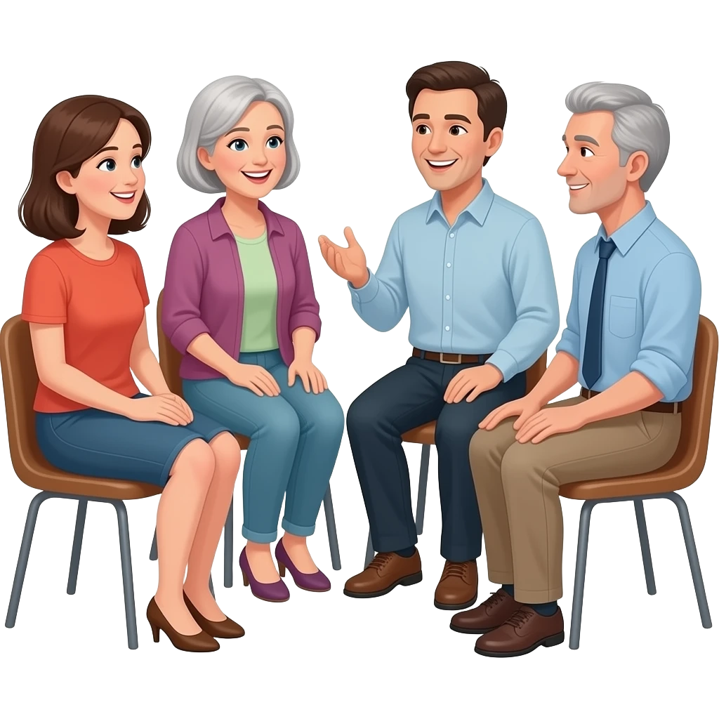 grupo de adultos 2 mujeres y 2 hombres de 40 a 60 años joviales, padres de adolescentes conversando en ronda, sentados. CON DISTINTA VESTIMENTA, CLASE SOCIAL Y RASGOS FISICOS emoji