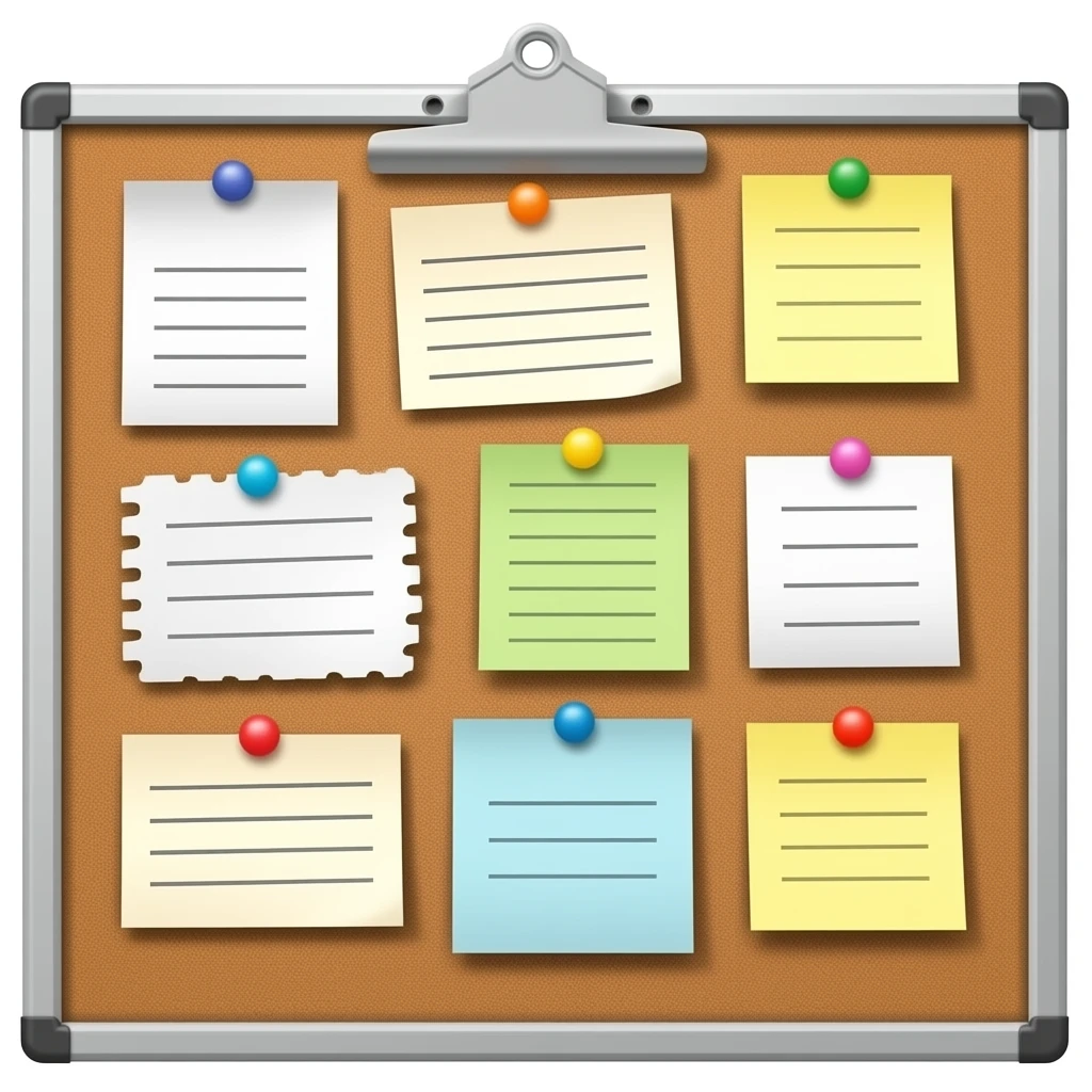 message board with posted notes. No clip at the top emoji