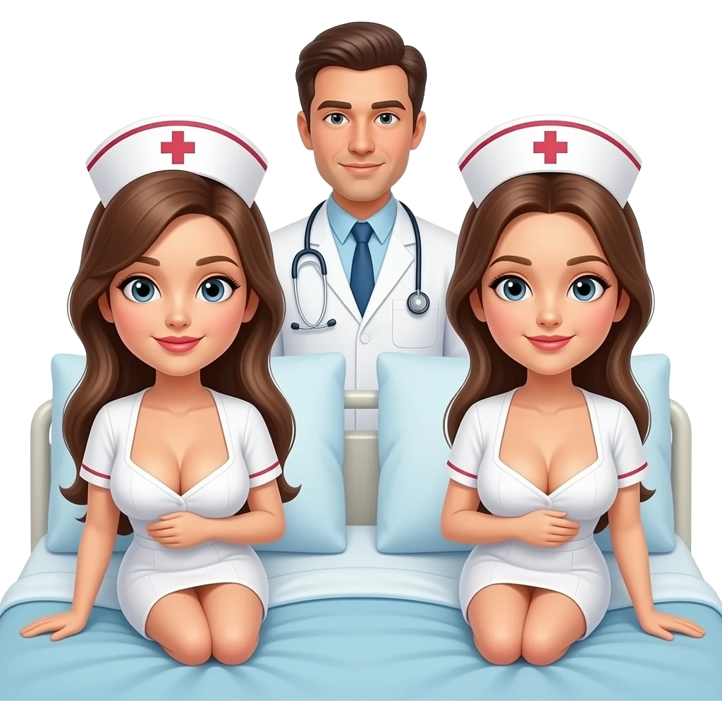 2 completely nude nurses, with very large breast,laying doggy style on a bed, a male doctor standing behind them with a dildo emoji