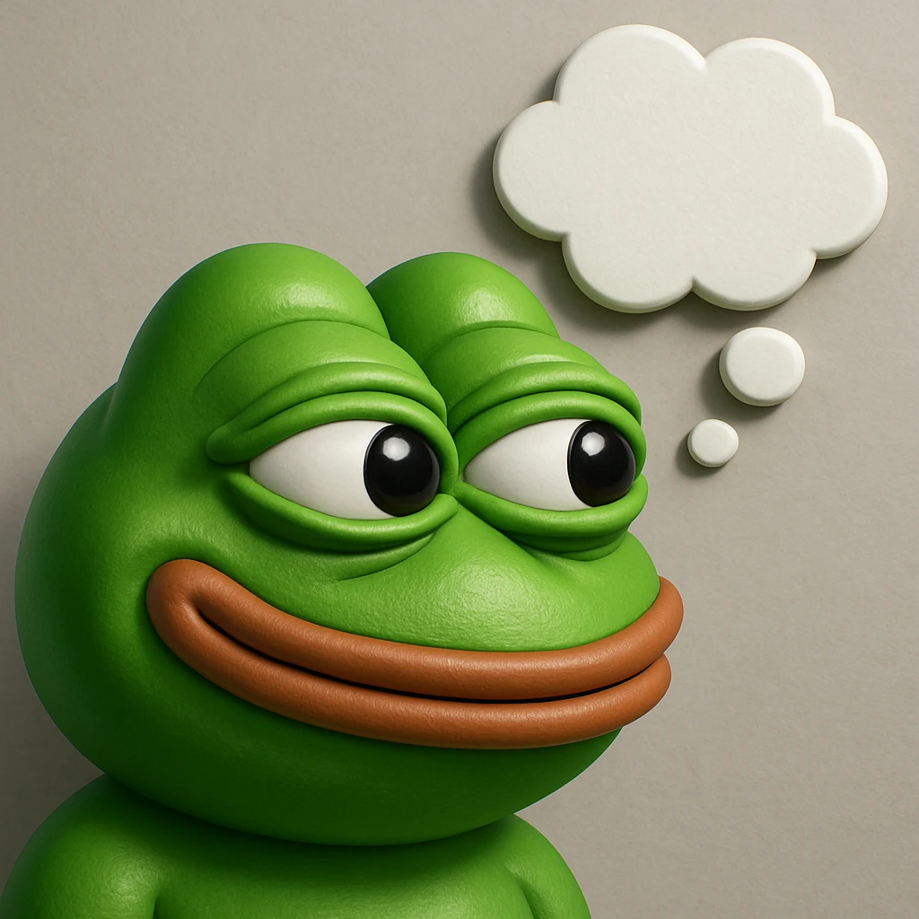make a pepe in bright green smiling with thought bubble looking at right side in 3d style, good highlights and shadows, drop shadows emoji