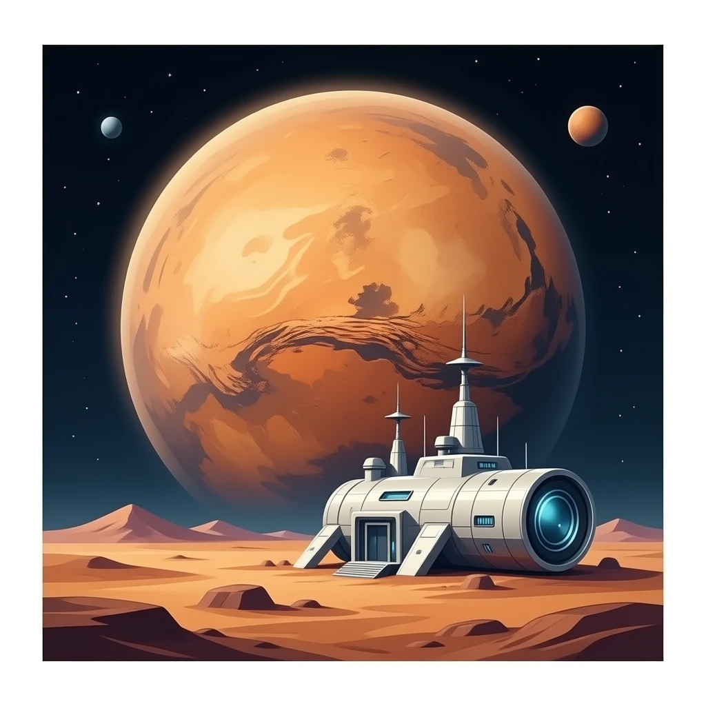Planète Mars avec une arche spatiale à coté, dans l'espace, réaliste emoji