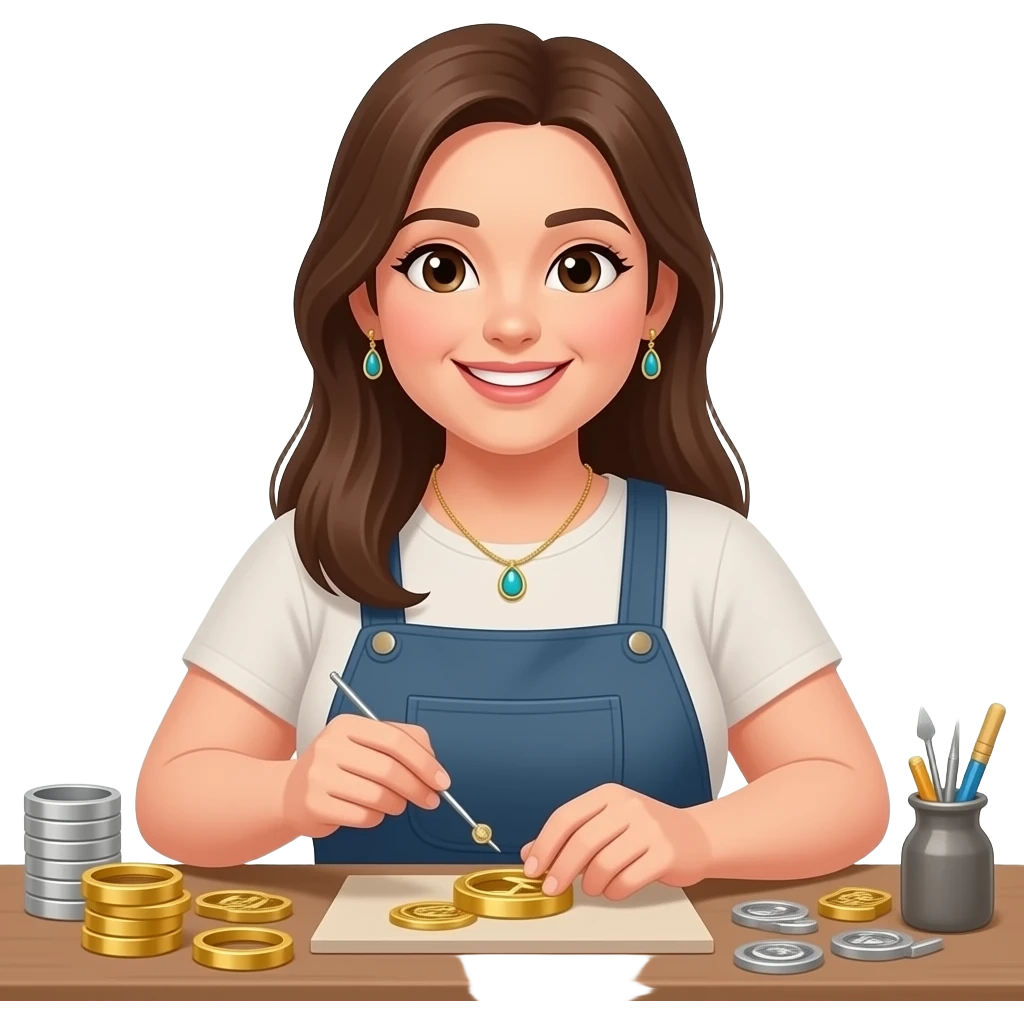 A woman in her 20s with long, straight brown hair; she is slightly overweight, has a cheerful disposition, and is a jewelry maker who works with gold and silver emoji