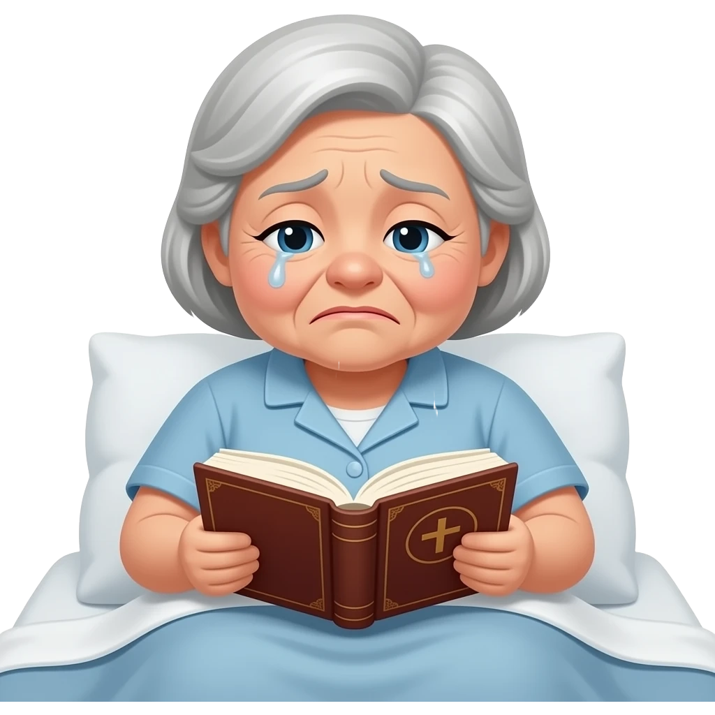 A plump, sad fat old lady is flipping through a prayer book in the bed emoji