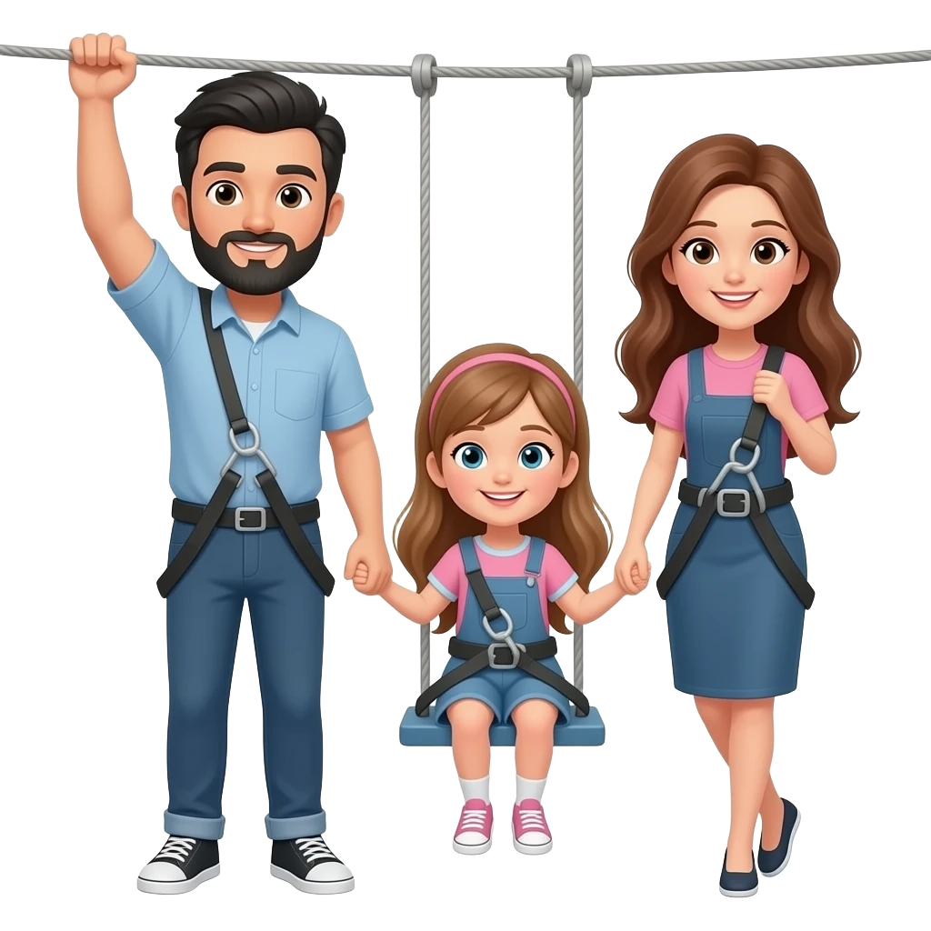 a man with black hair and a black beard with a woman with long brown hair and a little girl with long light brown hair on a zip line emoji