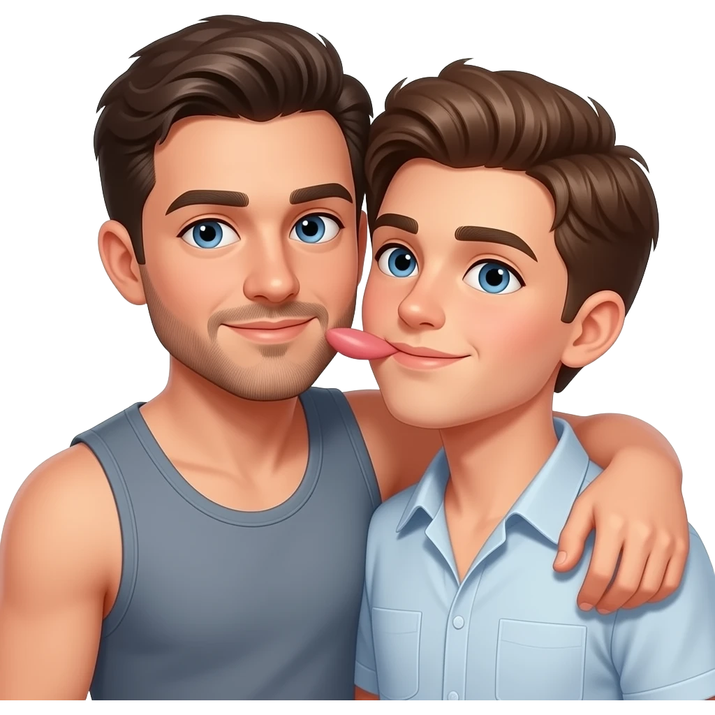 Erstelle ein Emoji von zwei gutaussehenden sexy Brüdern, der eine jünger und der andere älter, der ältere Bruder trägt ein tanktop und legt sein Arm um sein jüngeren Bruder der ein Shirt trägt und leckt ihn über seine Wange. Beide haben blaue Augen emoji