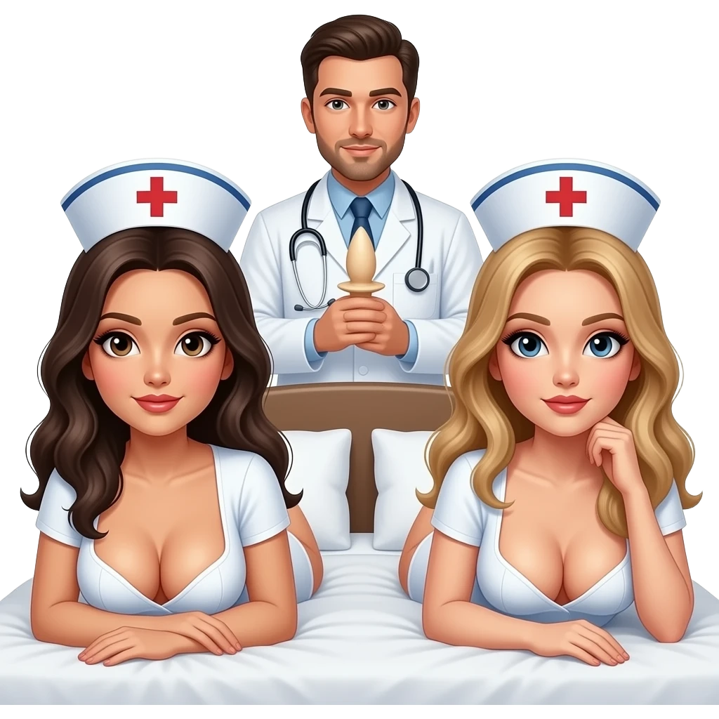 2 nurses, wearing no clothes with very large breast,laying doggy style on a bed, a male doctor standing behind them with a dildo emoji