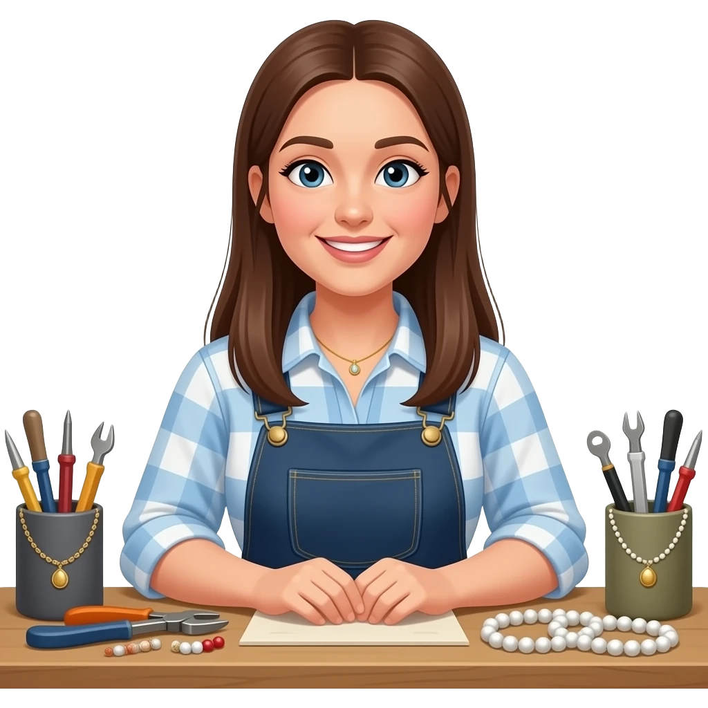 A woman in her 20s with long, straight brown hair, a slightly sturdy build, a cheerful disposition, and a career as a jewelry maker emoji