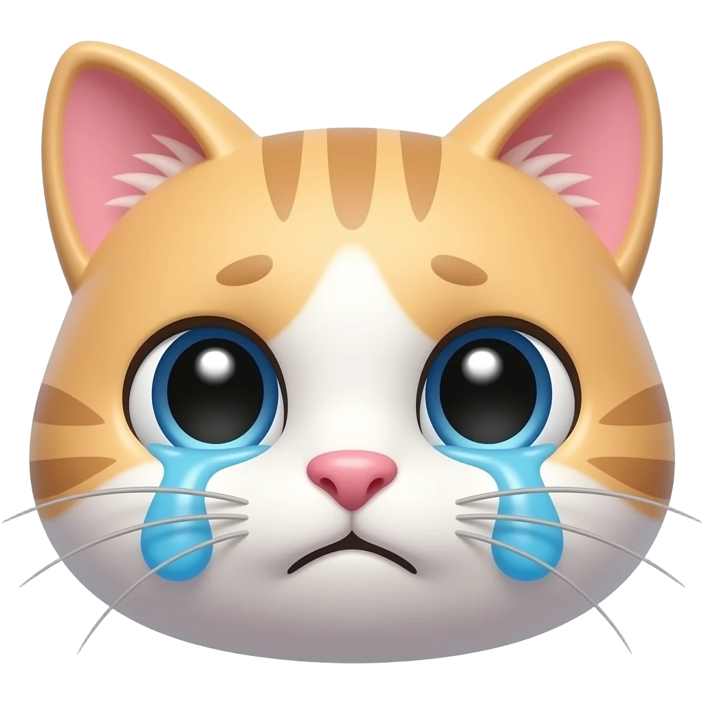 Crying cat emoji, teary shiny eyes, sad cute expression, tiny nose, soft pastel fur, emotional 3D emoji icon emoji