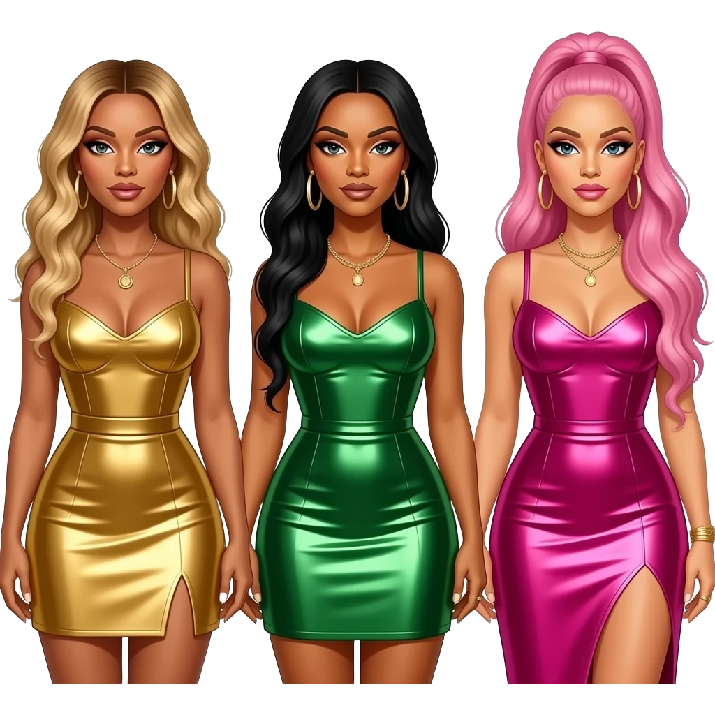 Beyonce with long blonde hair, gold dress, Rihanna with long black hair, green metallic dress, Nicki Minaj with long pink hair, hot pink metallic dress emoji